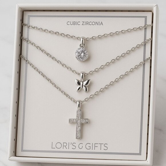 Lori's gifts Jewelry - NEW Silvertone 18" Necklace Set with Cubic Zirconia, Butterfly, and Cross Charms